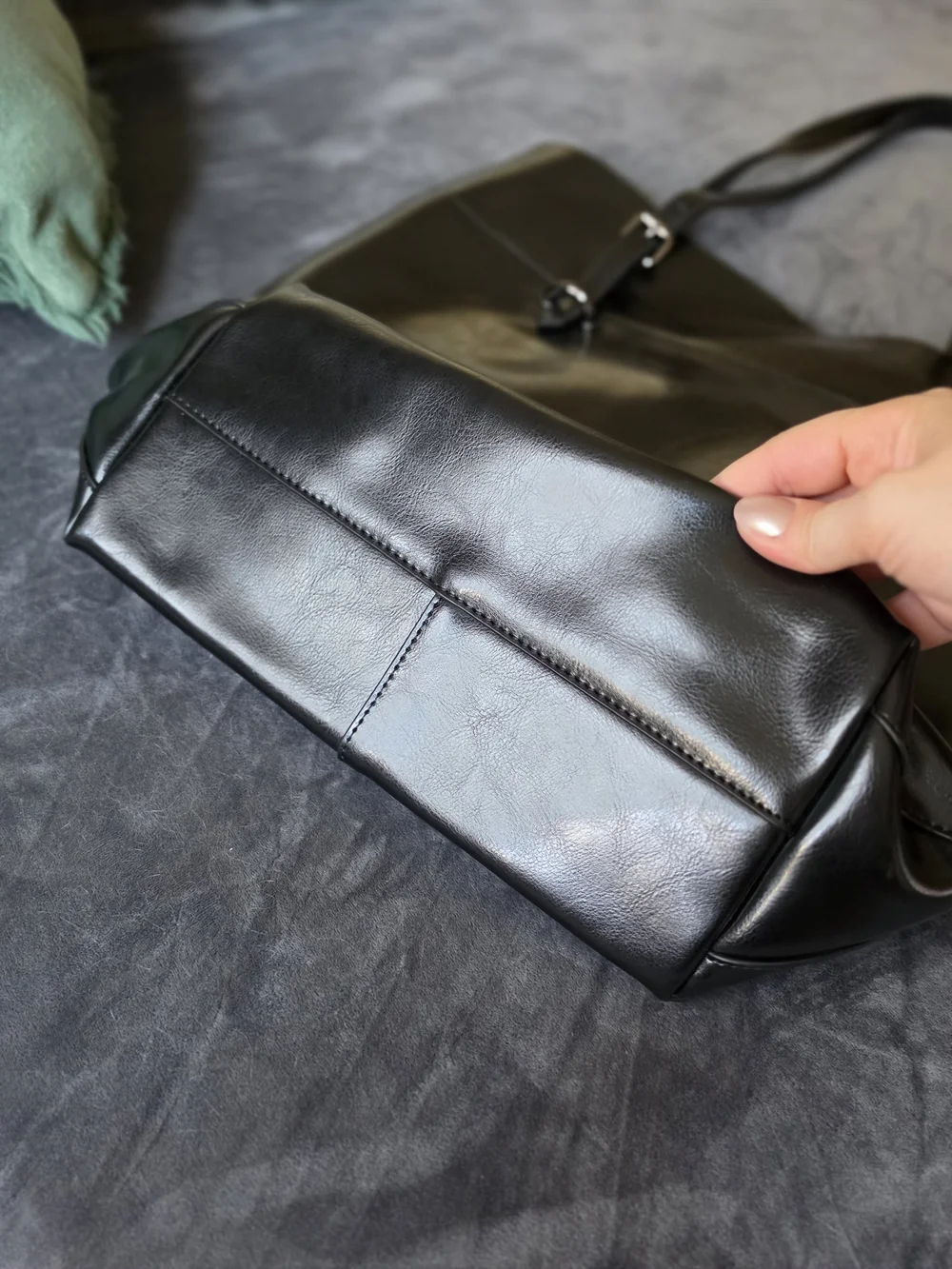 Polished Black Leather Tote - Everyday Work Bag